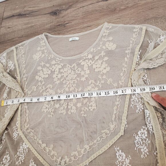 Sheer Mesh Lace Trim Flutter Sleeve Top M Coquette Fairy Whimsical Boho Feminine - Picture 9 of 13